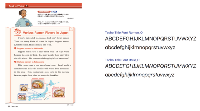 中学校英語教科書「NEW HORIZON」のタイトルや小見出し、図表の中で使われているTosho Title Font（左）、オリジナル欧文フォント書体見本（右）