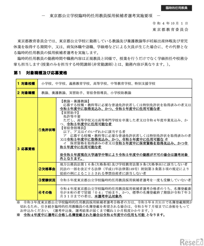東京都公立学校臨時的任用教員採用候補者選考実施要項