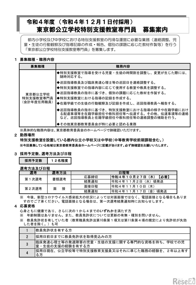 東京都公立学校特別支援教室専門員 募集案内