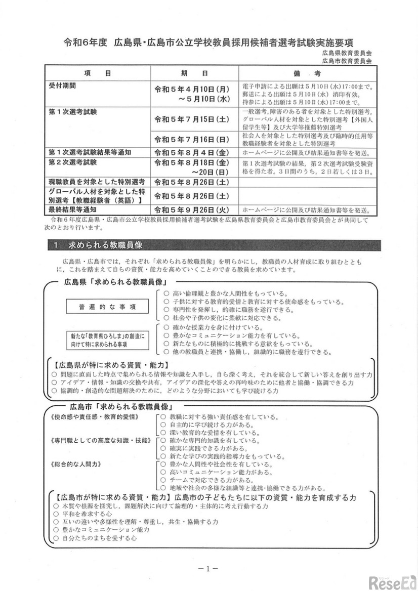 令和6年度 広島県・広島市公立学校教員採用候補者選考試験 実施要項（一部）
