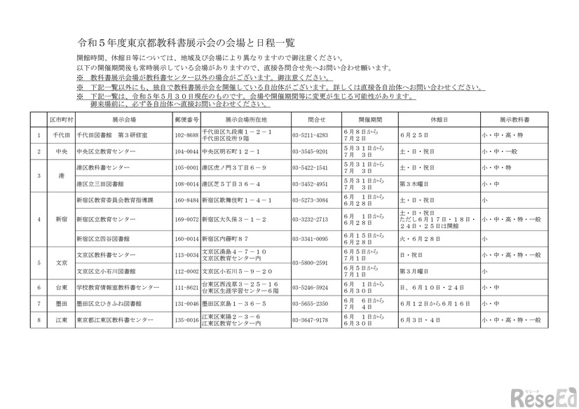 令和5年度東京都教科書展示会の会場と日程一覧