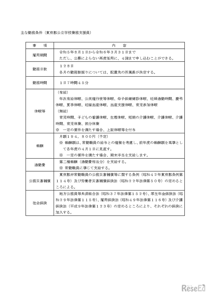 おもな勤務条件（東京都公立学校業務支援員）