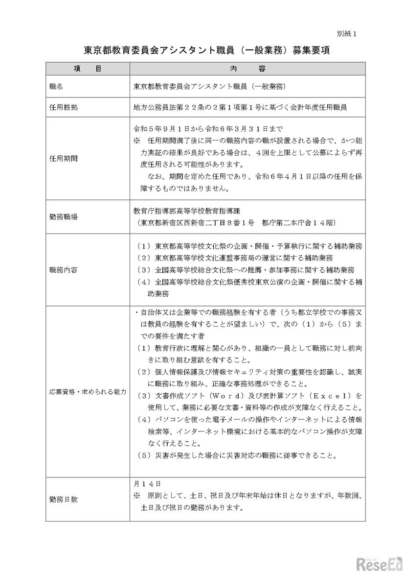 教育庁指導部高等学校教育指導課のアシスタント職員の募集要項