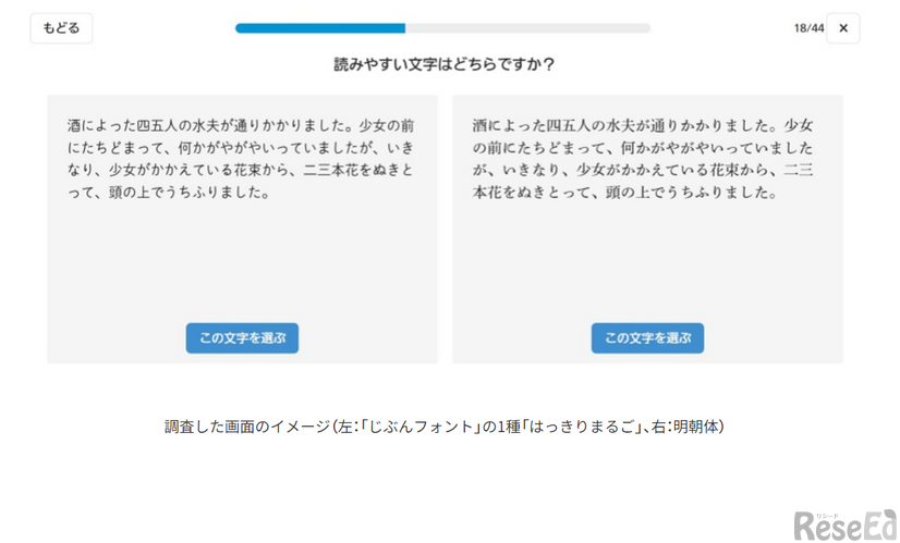 調査した画面のイメージ（左：「じぶんフォント」の1種「はっきりまるご」、右：明朝体）