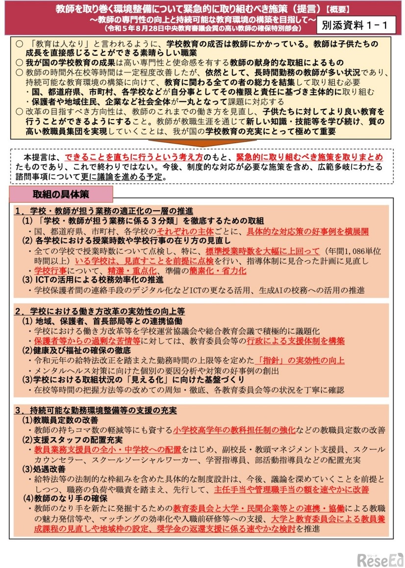 教師を取り巻く環境整備について緊急的に取り組むべき施策（提言）の概要