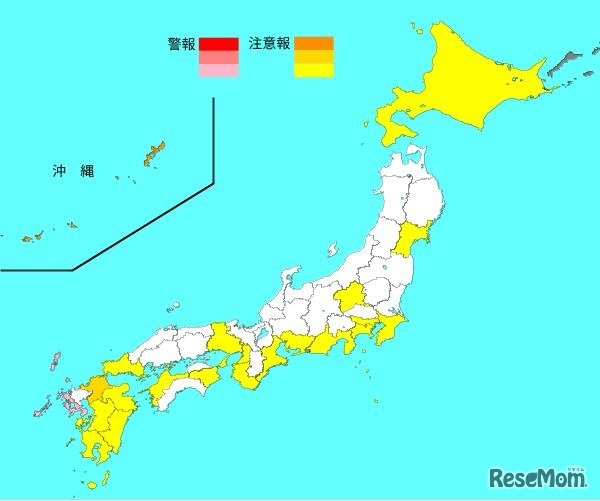 全国のインフルエンザ流行レベルマップ（2023年第36週）