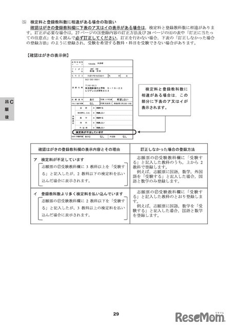 受験案内　確認はがき（出願受理通知）登録内容の確認、訂正方法