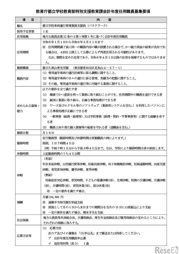 教育庁都立学校教育部特別支援教育課会計年度任用職員募集要項