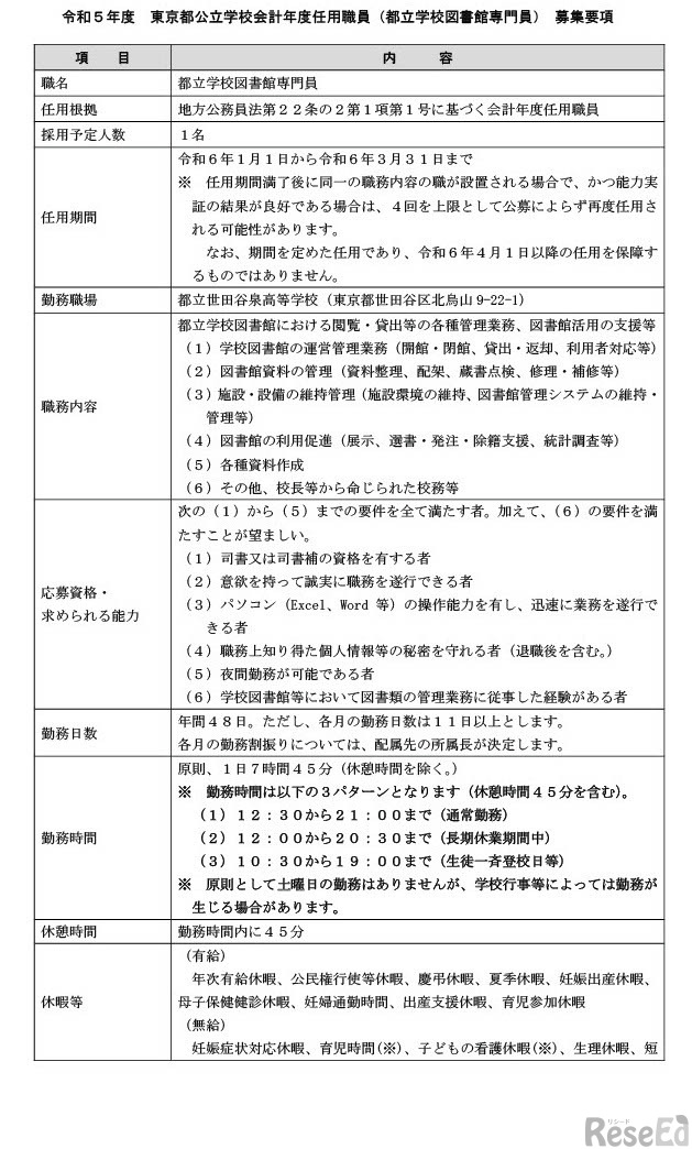 2023年度（令和5年度）東京都公立学校会計年度任用職員（都立学校図書館専門員） 募集要項