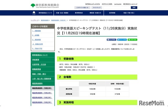 中学校英語スピーキングテスト（11/26実施分）実施状況【11月26日19時現在速報】