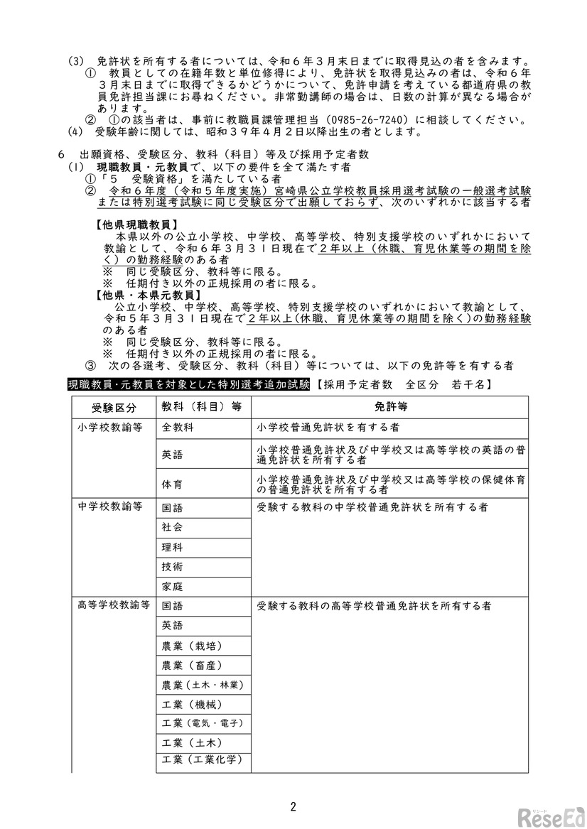 特別選考追加試験の実施要項の一部