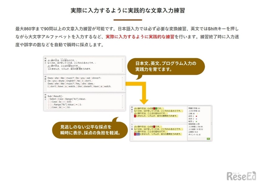 Gold Finger School の特長：実際に入力するように実践的な文章入力練習