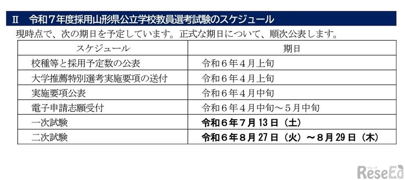 2025年度採用山形県公立学校教員選考試験のスケジュール