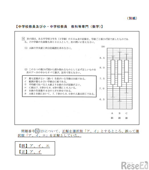 中学校教員および小・中学校教員 教科等専門（数学）の問題と解答