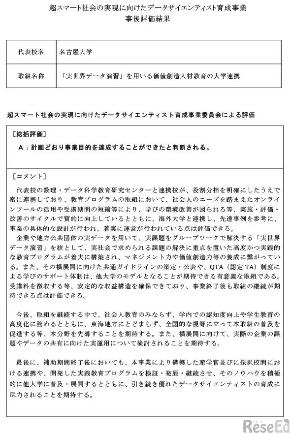 名古屋大学「超スマート社会の実現に向けたデータサイエンティスト育成事業」事後評価結果