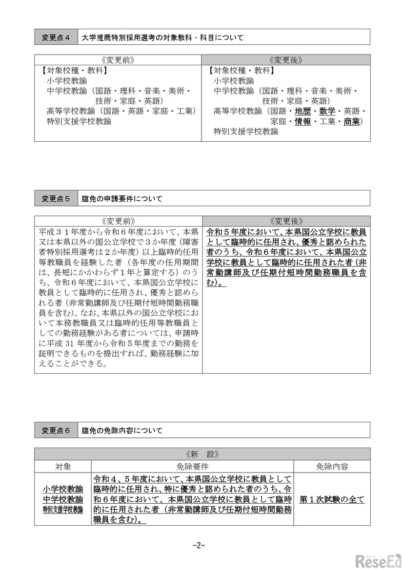 令和7年度長崎県公立学校教員採用選考試験 変更点について