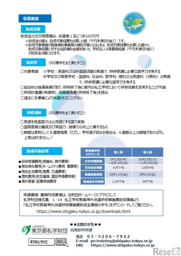 私立学校教員海外派遣研修事業費助成事業