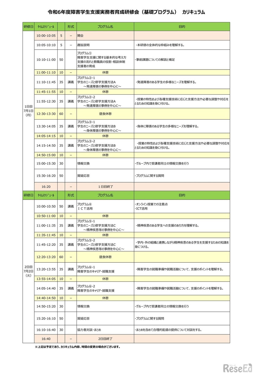 2024年度障害学生支援実務者育成研修会（基礎プログラム）カリキュラム