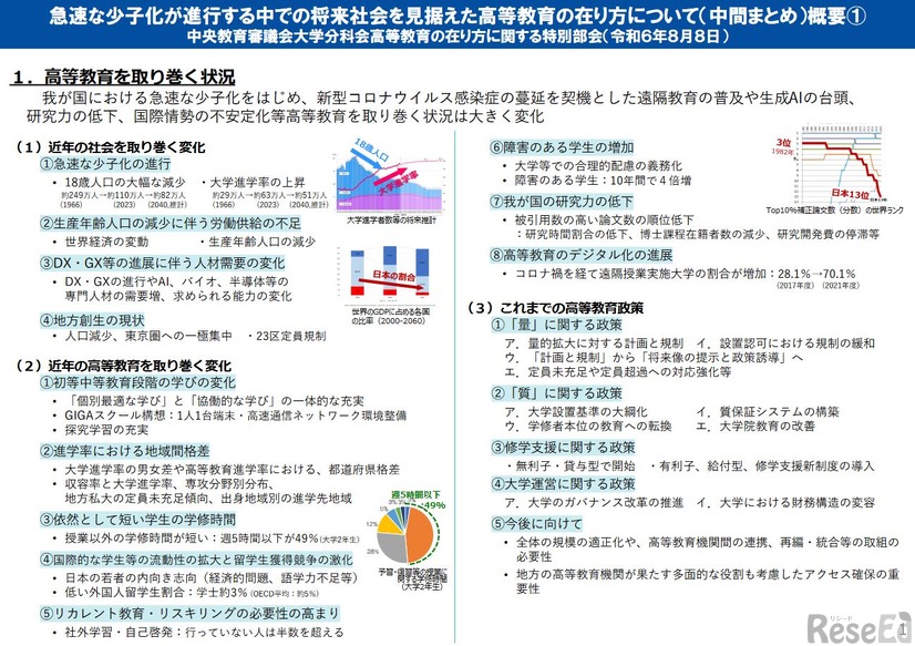 急速な少子化が進行する中での将来社会を見据えた高等教育の在り方について（中間まとめ）概要