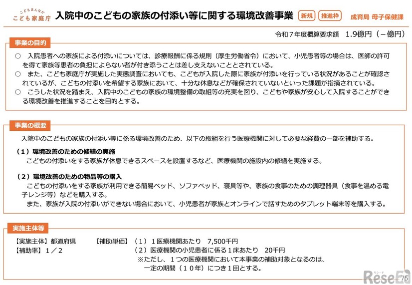 入院中のこどもの家族の付添い等に関する環境改善事業