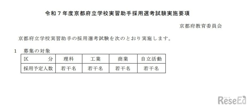 令和7年度京都府立学校実習助手採用選考試験