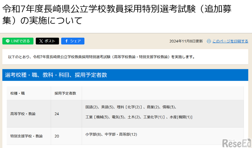 令和7年度長崎県公立学校教員採用特別選考試験（追加募集）の実施について