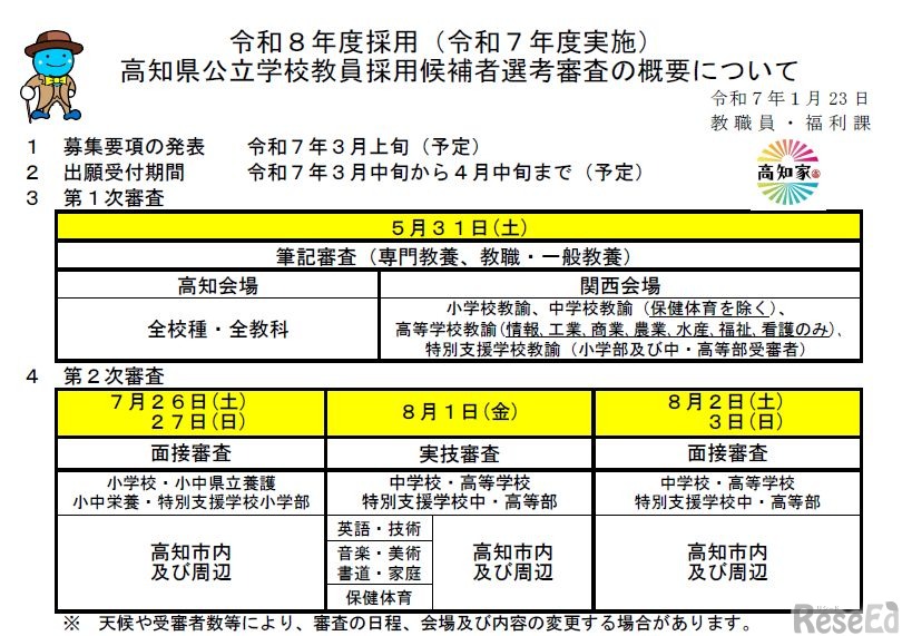 令和8年度採用審査（令和7年度実施）高知県公立学校教員採用候補者選考審査の概要