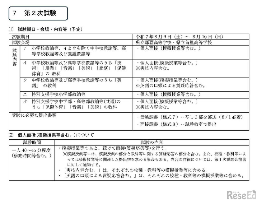 令和7年度実施沖縄県公立学校教員候補者選考試験「夏選考」2次試験