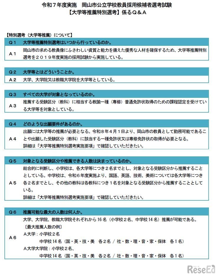 岡山市公立学校教員採用候補者選考試験【大学等推薦特別選考】係るQ＆A