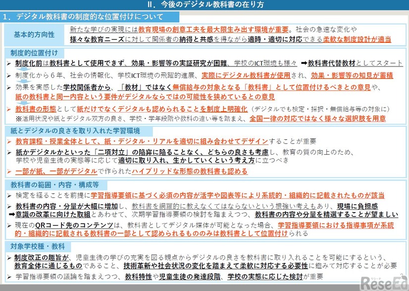 デジタル教科書推進WG 中間まとめ（概要）II.今後のデジタル教科書の在り方