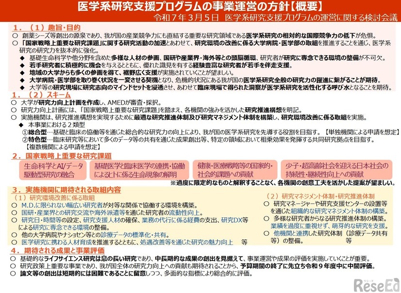 医学系研究支援プログラムの事業運営の方針（概要）