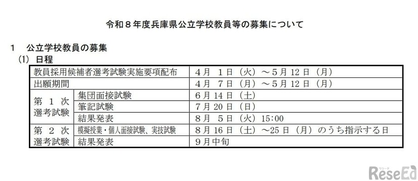 令和8年度兵庫県公立学校教員等の募集について：日程