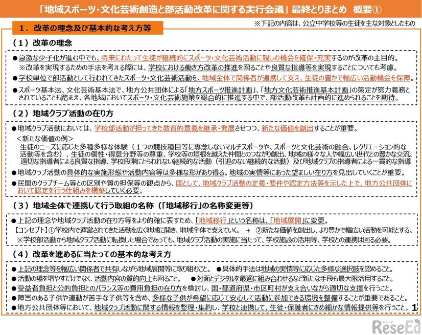 「地域スポーツ・文化芸術創造と部活動改革に関する実行会議」最終とりまとめ概要