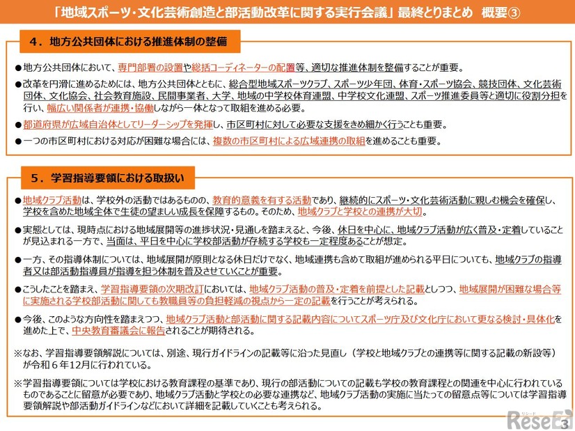 「地域スポーツ・文化芸術創造と部活動改革に関する実行会議」最終とりまとめ概要