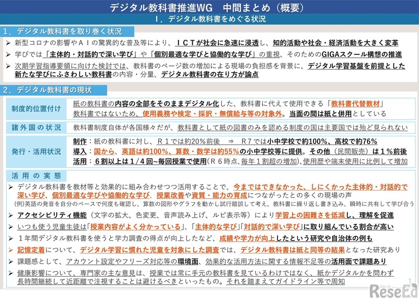 デジタル教科書推進ワーキンググループ中間まとめ（概要）