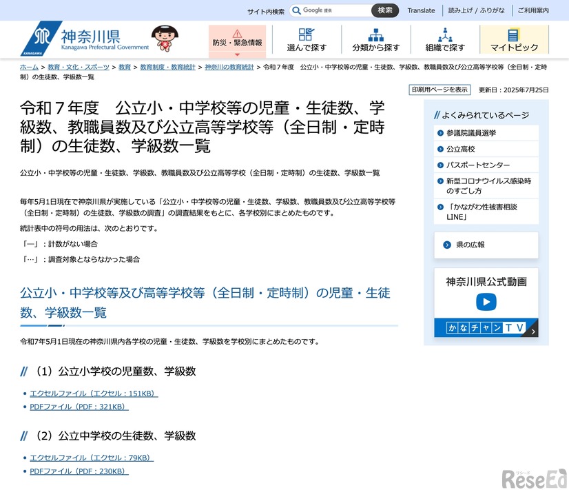 令和7年度 公立小・中学校等の児童・生徒数、学級数、教職員数および公立高等学校等（全日制・定時制）の生徒数、学級数一覧