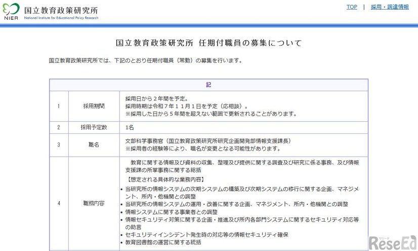 国立教育政策研究所 任期付職員の募集について
