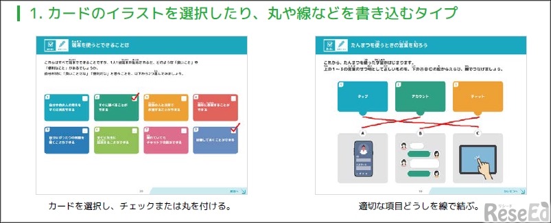 児童･生徒が行うワーク（演習）：カードのイラストを選択したり、丸や線などを書き込むタイプ