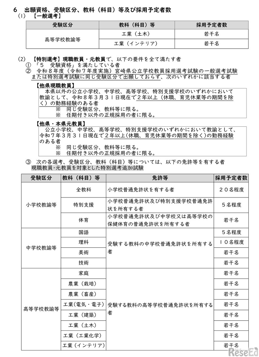 令和8年度（令和7年度実施）宮崎県公立学校教員採用10月追加選考試験実施要項の一部