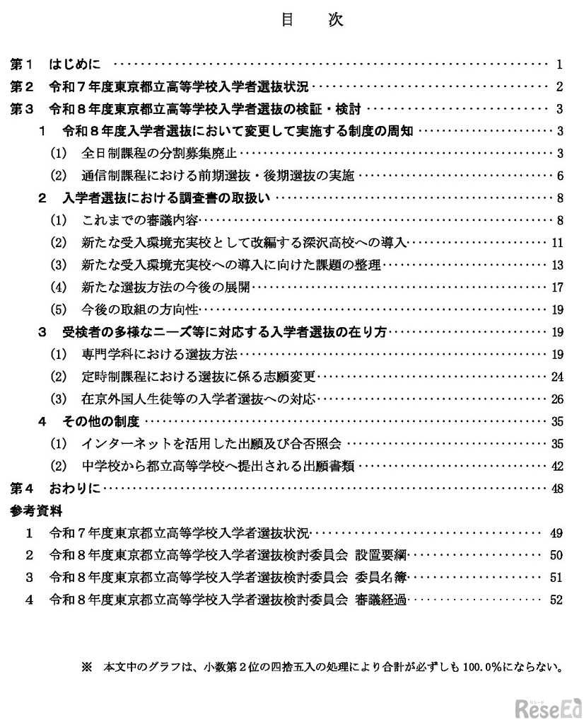 令8年度東京都立高等学校入学者選抜検討委員会報告書 、目次