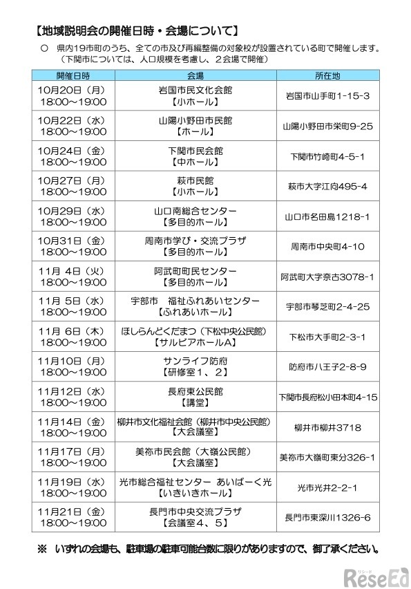 地域説明会　開催日時・会場