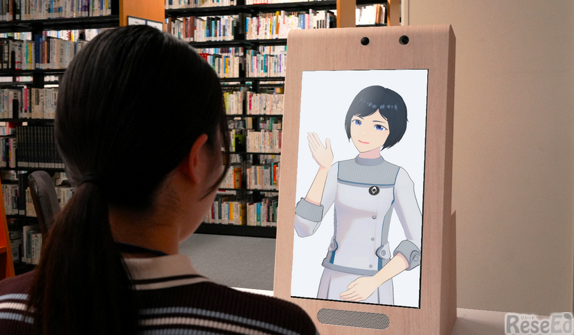 近畿大学中央図書館の受付窓口に設置したアバターディスプレイ