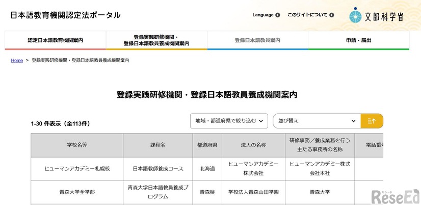 登録実践研修機関・登録日本語教員養成機関案内