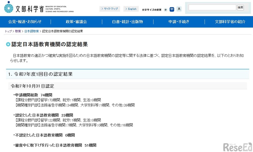 認定日本語教育機関の認定結果