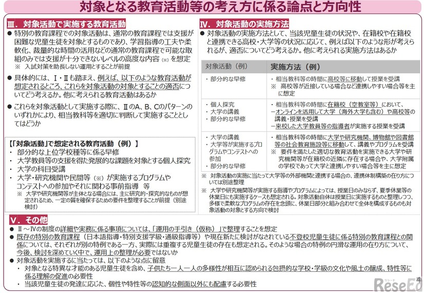 対象となる教育活動等の考え方に係る論点と方向性