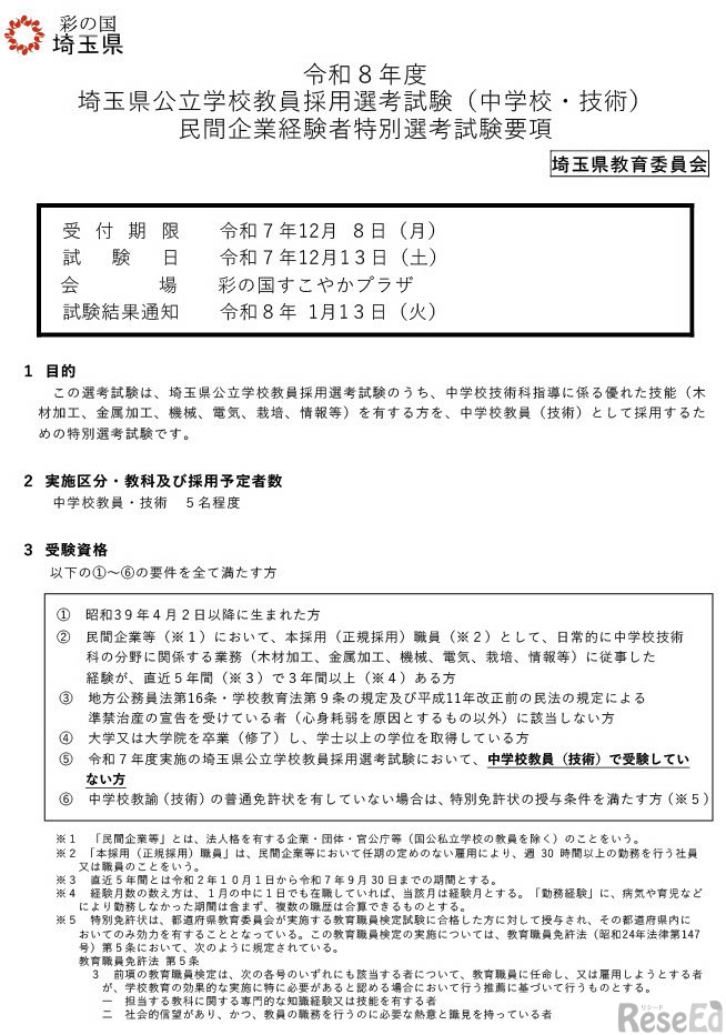 民間企業経験者特別選考試験（中学校・技術）
