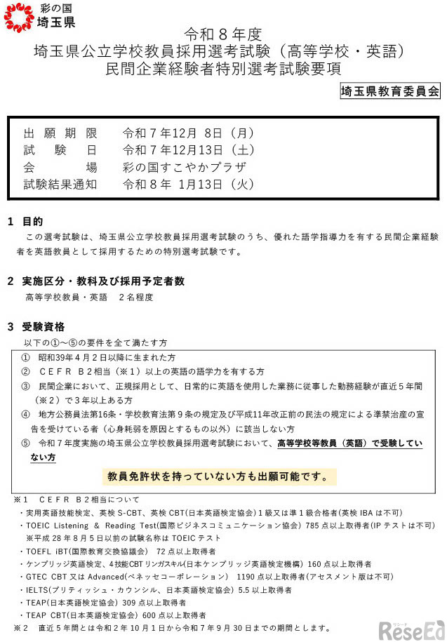 民間企業経験者特別選考試験（高校・英語）