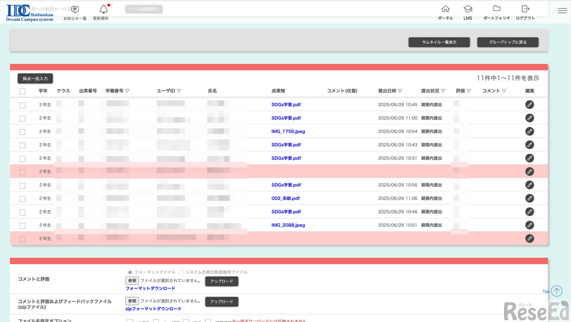 誰がいつ課題を提出したのかも一目瞭然だ
