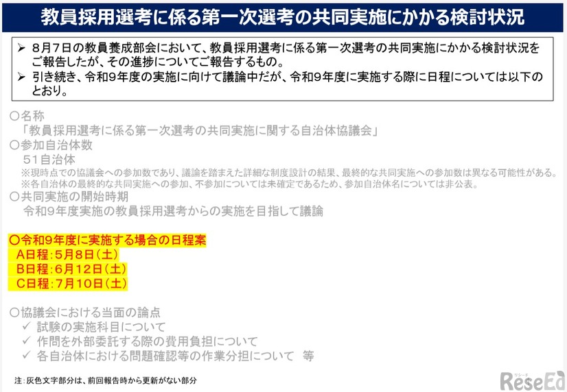 教員採用選考に係る第一次選考の共同実施にかかる検討状況、2027年度に実施する場合の日程案