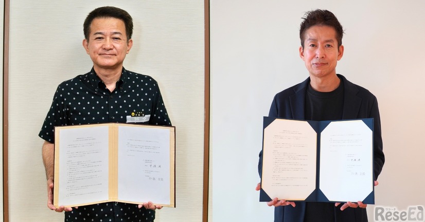 連携協定締結、沖縄県教育委員会 教育長 半嶺満氏（左）、note 代表取締役CEO 加藤貞顕氏（右）